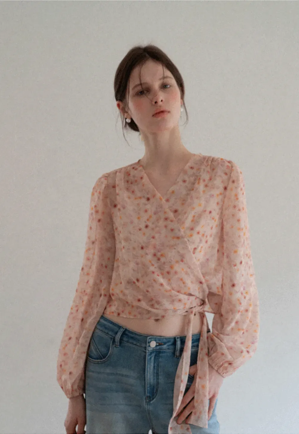 Lace Chiffon Wrap Blouse with Long Sleeves