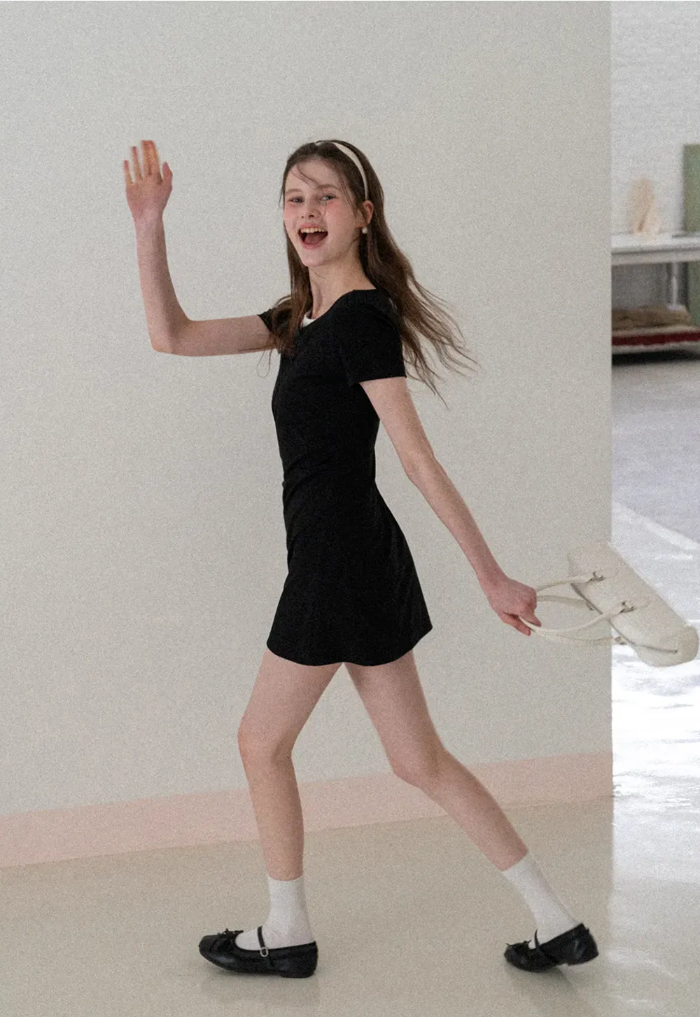 Short Sleeve Dress with Polka Dot Collar and Front Knot Detail