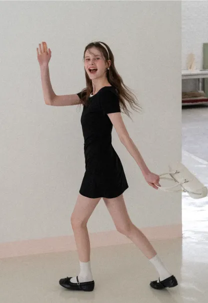 Short Sleeve Dress with Polka Dot Collar and Front Knot Detail