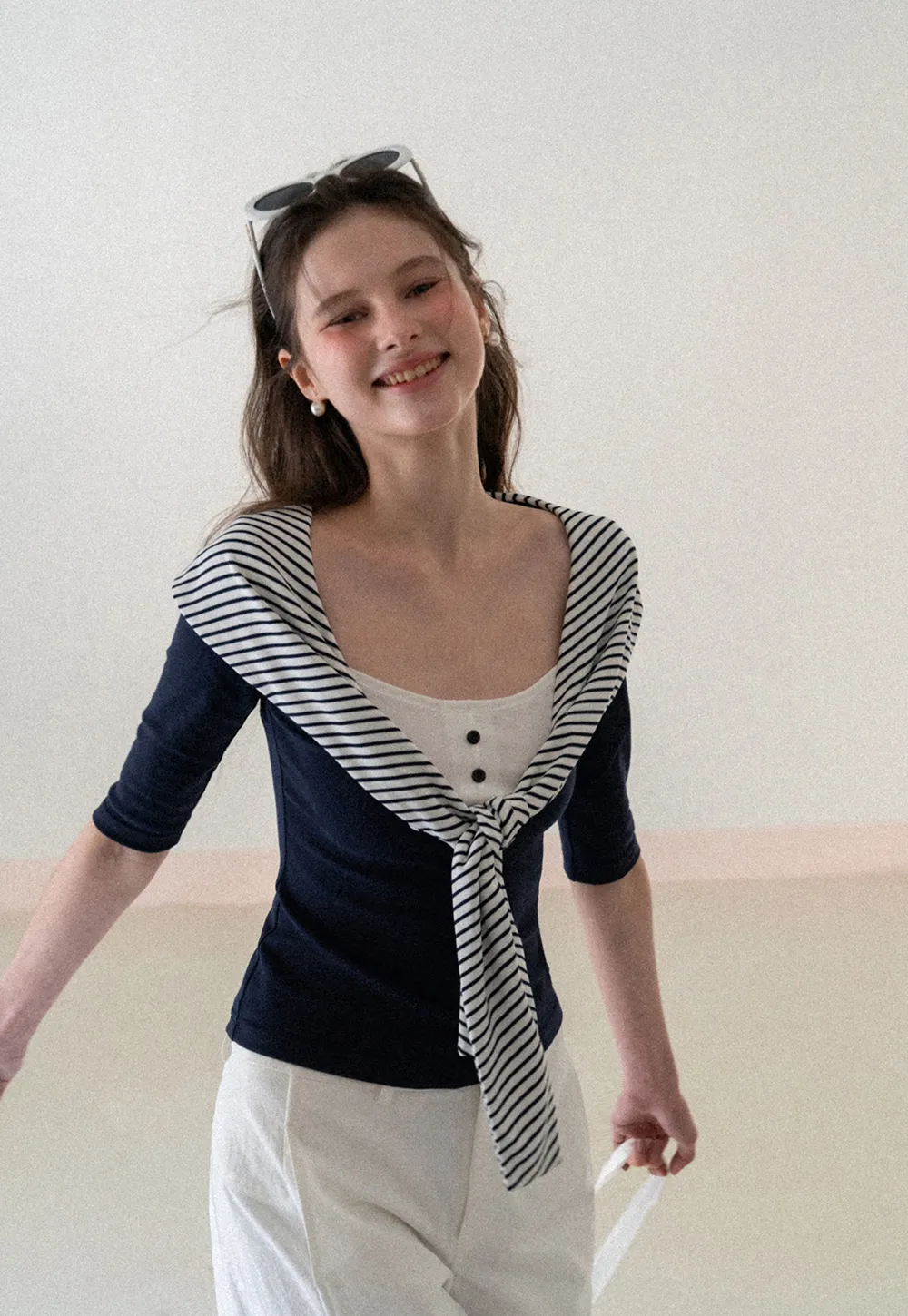 Striped collar tie front short sleeve top