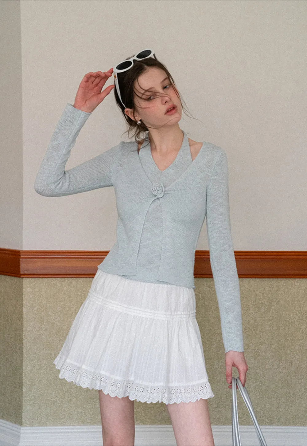 V Neck Knit Sweater with Floral Button Detail