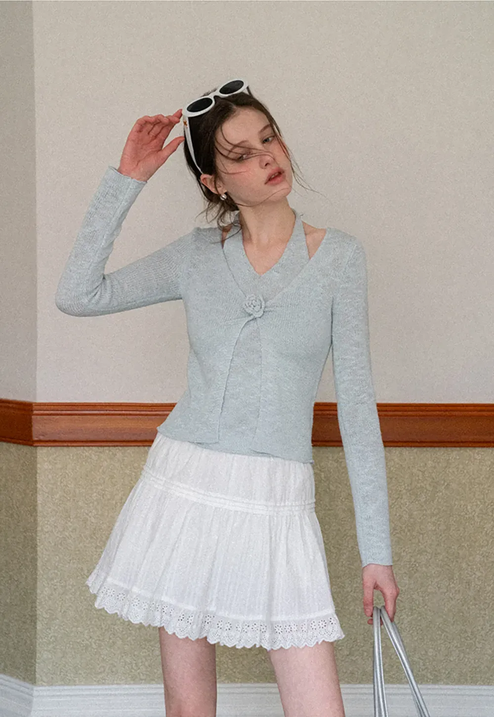 V Neck Knit Sweater with Floral Button Detail