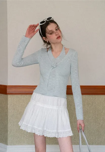 V Neck Knit Sweater with Floral Button Detail