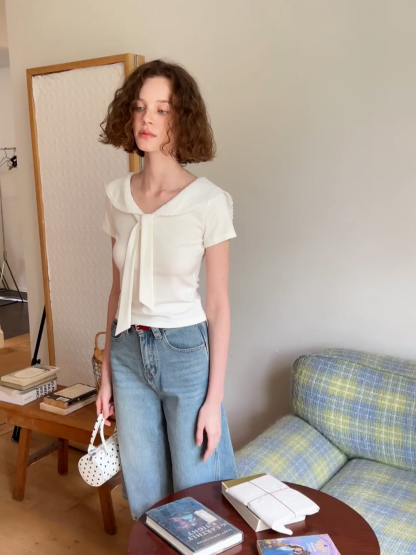 Scalloped Collar Tie Front Short Sleeve T Shirt