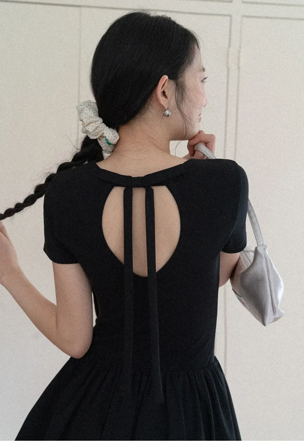 Short Sleeve Dress with Back Cutout and Bow Detail