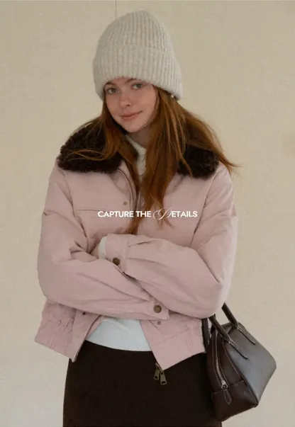 Stylish Short Jacket with Faux Fur Collar and Elastic Hem