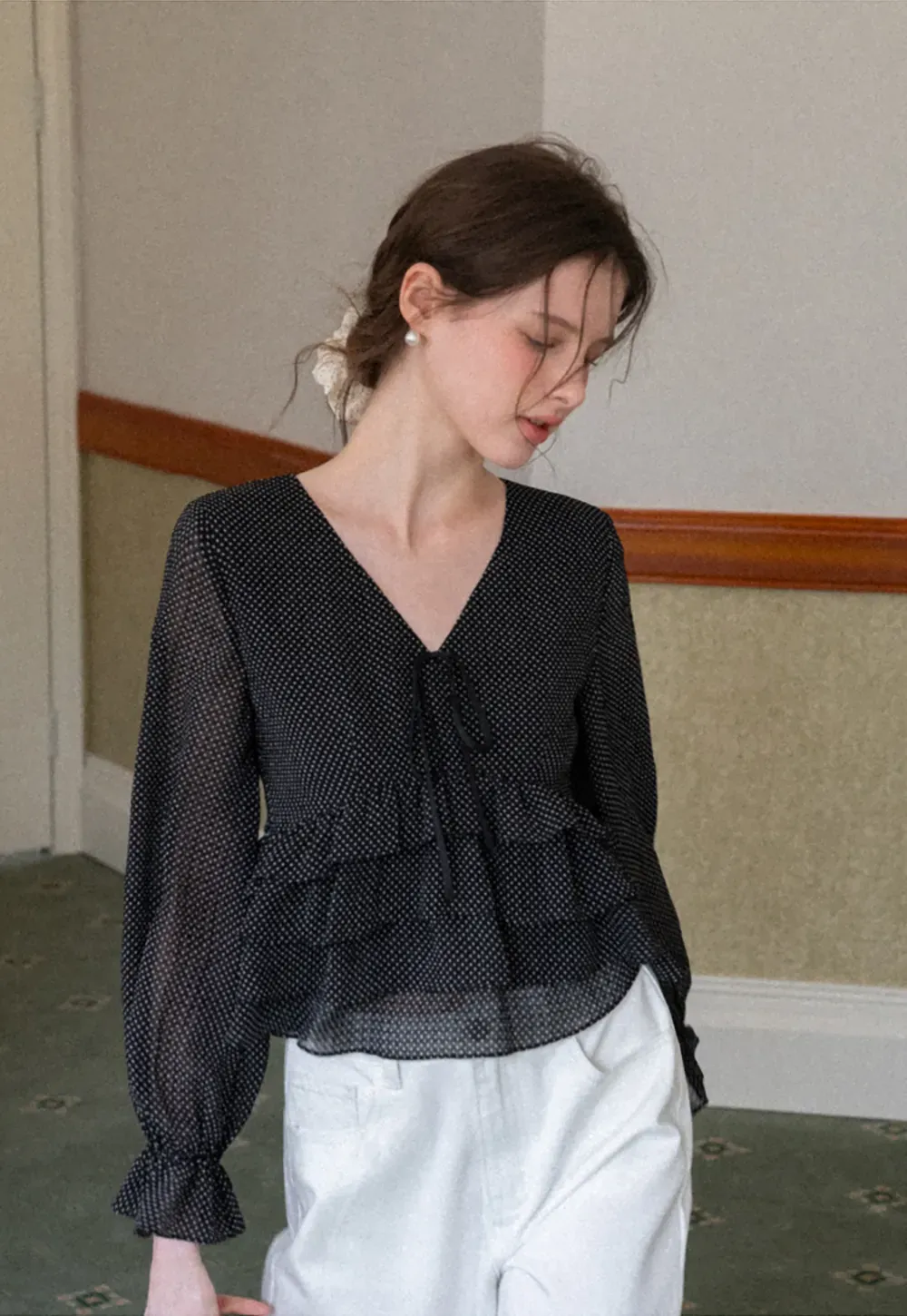 Polka Dot Sheer Blouse with Ruffled Hem and Tie Neck