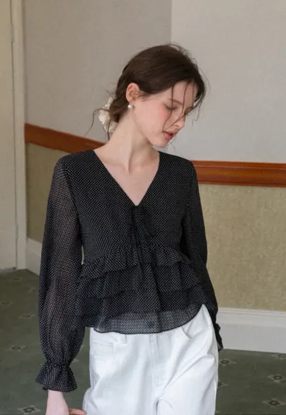 Polka Dot Sheer Blouse with Ruffled Hem and Tie Neck