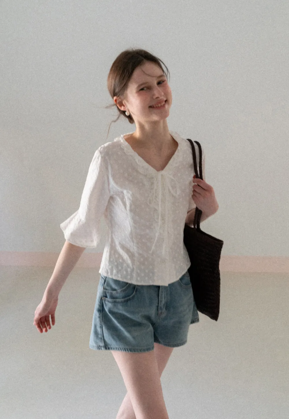 V neck blouse with lace trim and tie front