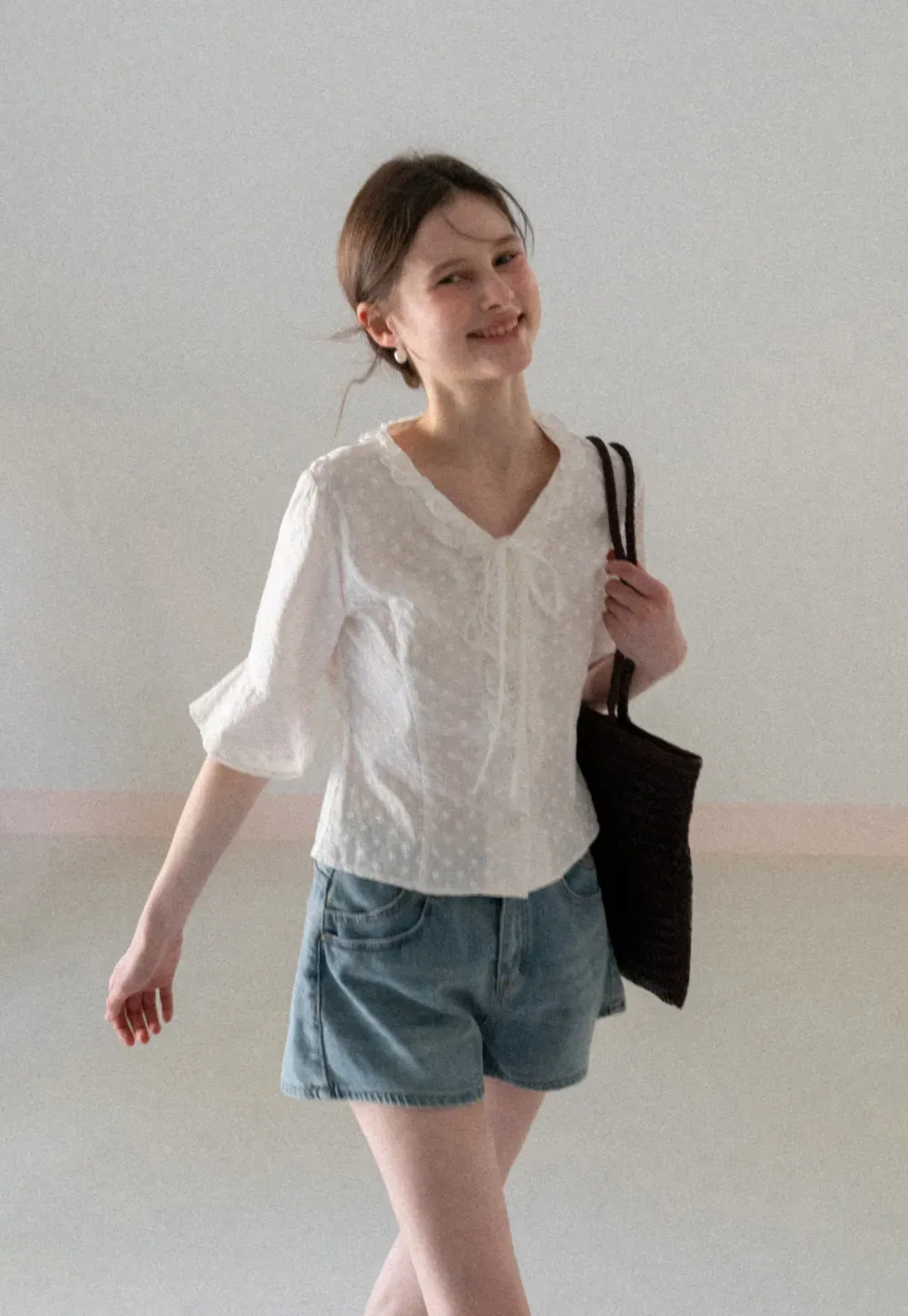 V neck blouse with lace trim and tie front