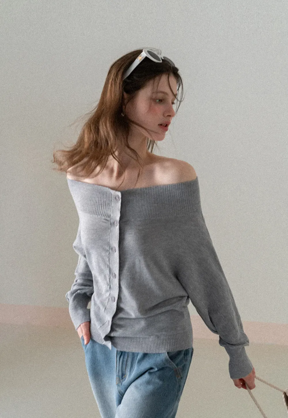 Off Shoulder Knit Cardigan with Button Front