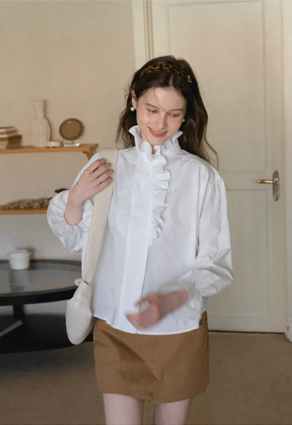 Elegant Ruffled Collar Blouse with Flared Cuffs