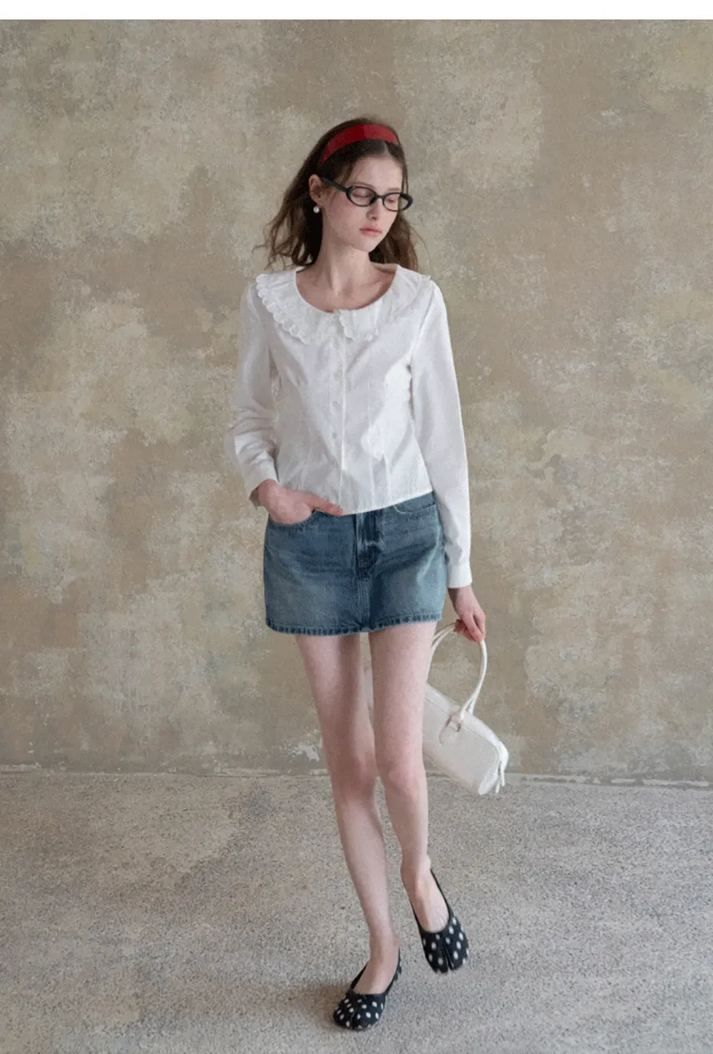 Long sleeve button front shirt with lace collar