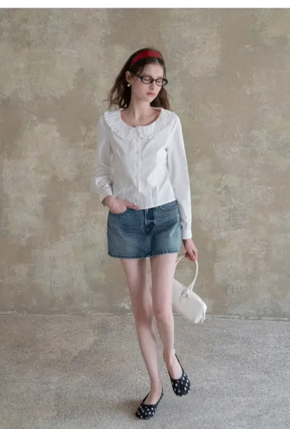 Long sleeve button front shirt with lace collar