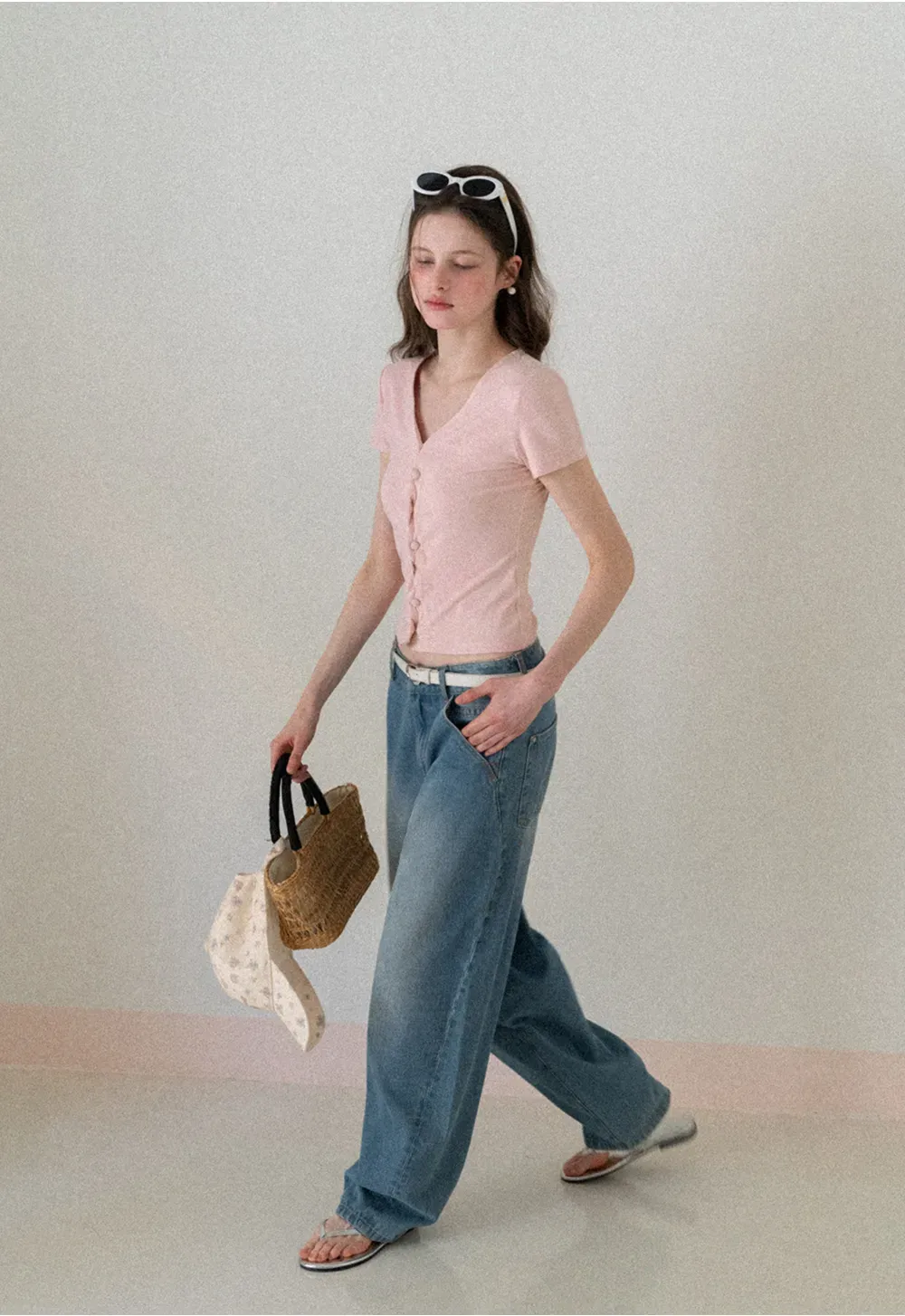 V neck short sleeve button front top