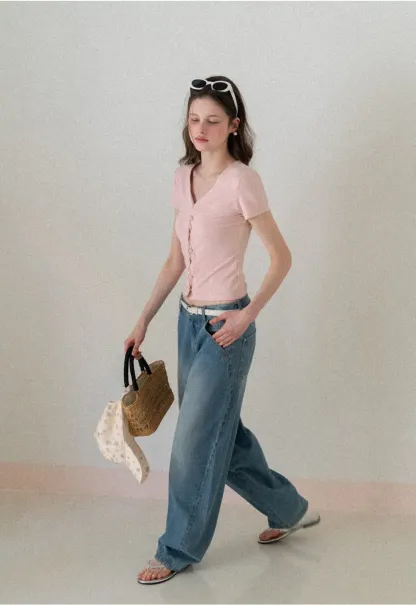 V neck short sleeve button front top