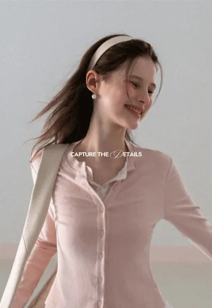 Long sleeve button front knit top with collar