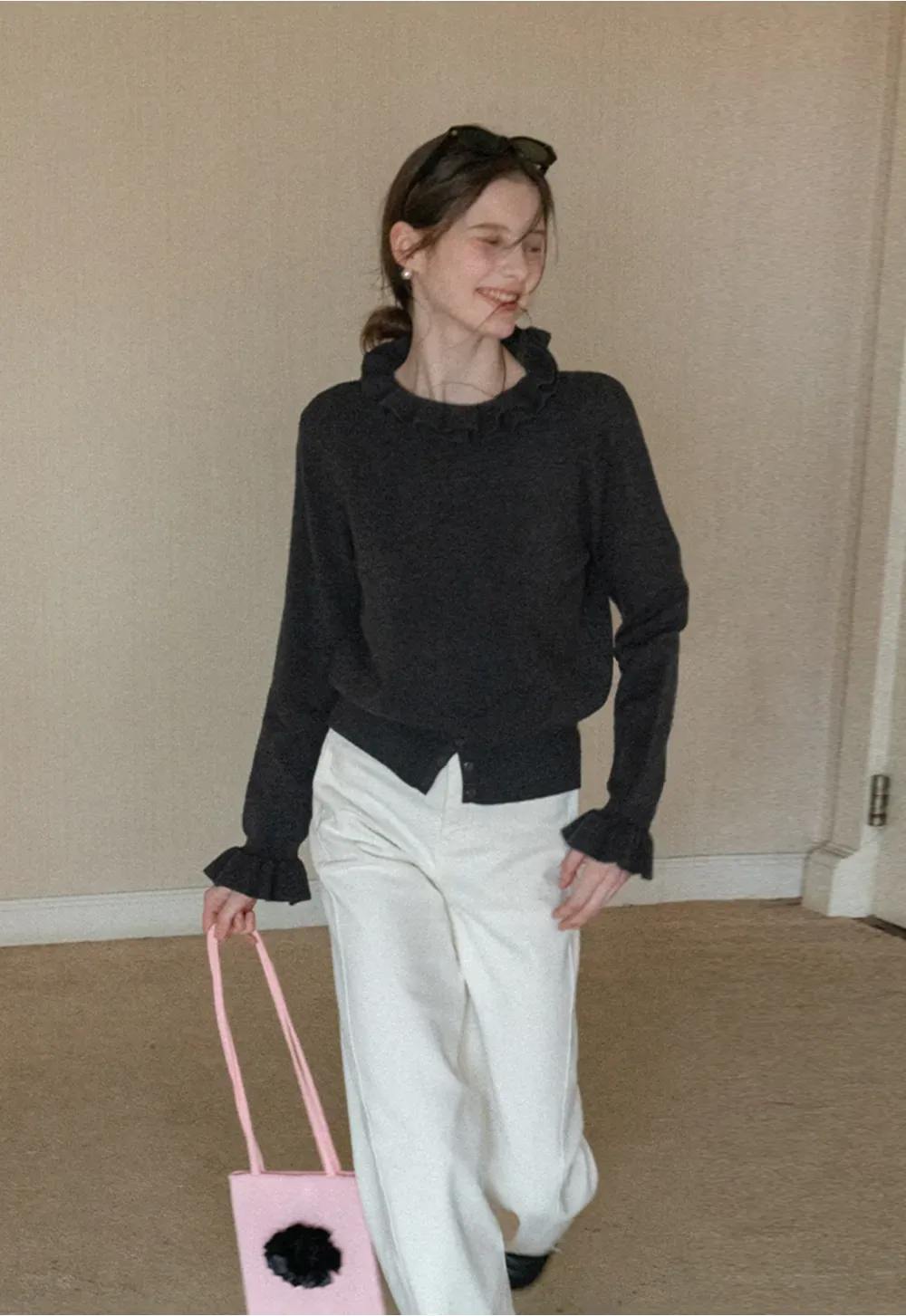 Elegant Ruffle Detail Knit Sweater with Flared Cuffs and Neckline