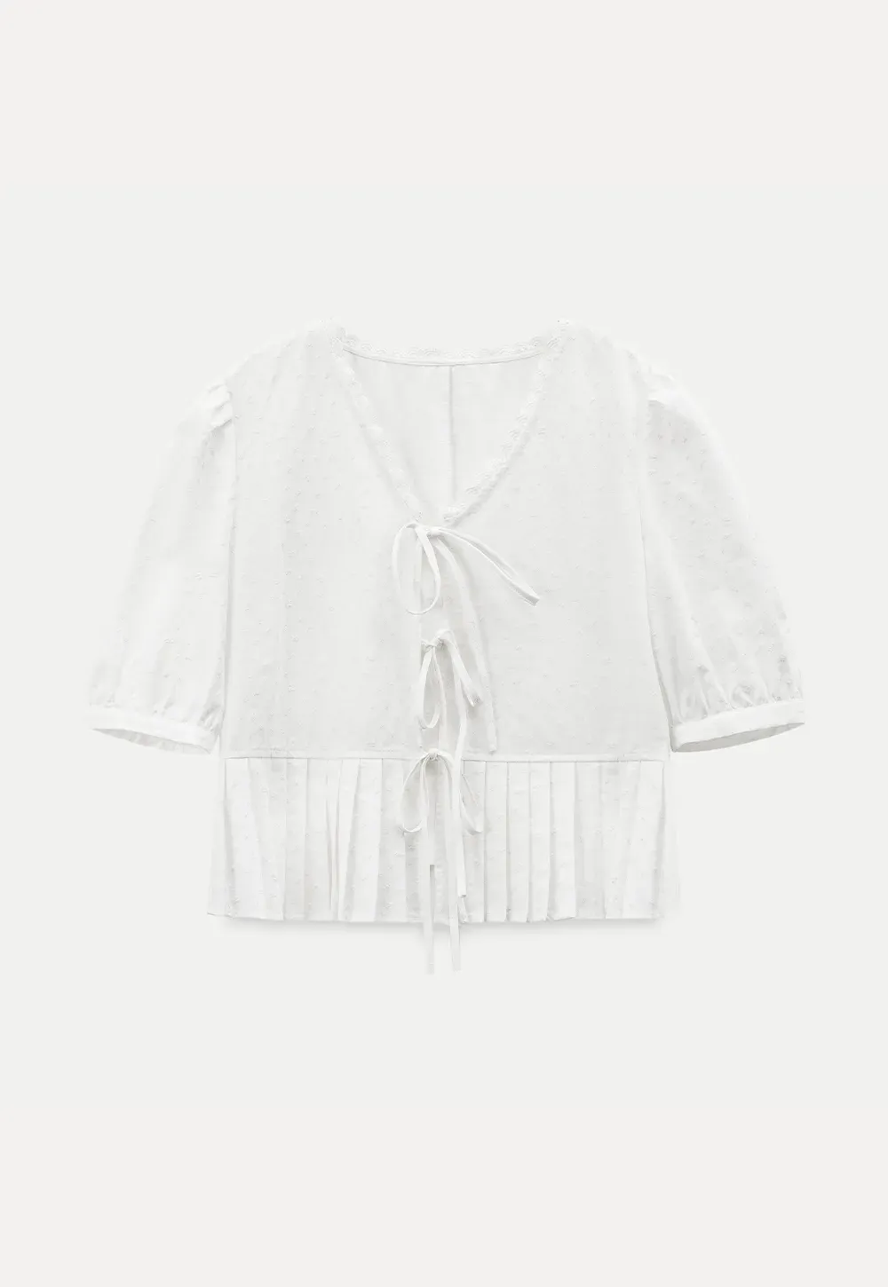 V neck short sleeve blouse with pleated hem and tie front