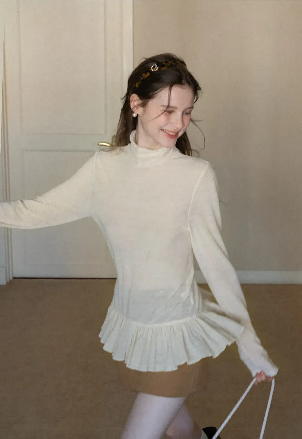 floral dot long sleeve top with ruffle hem