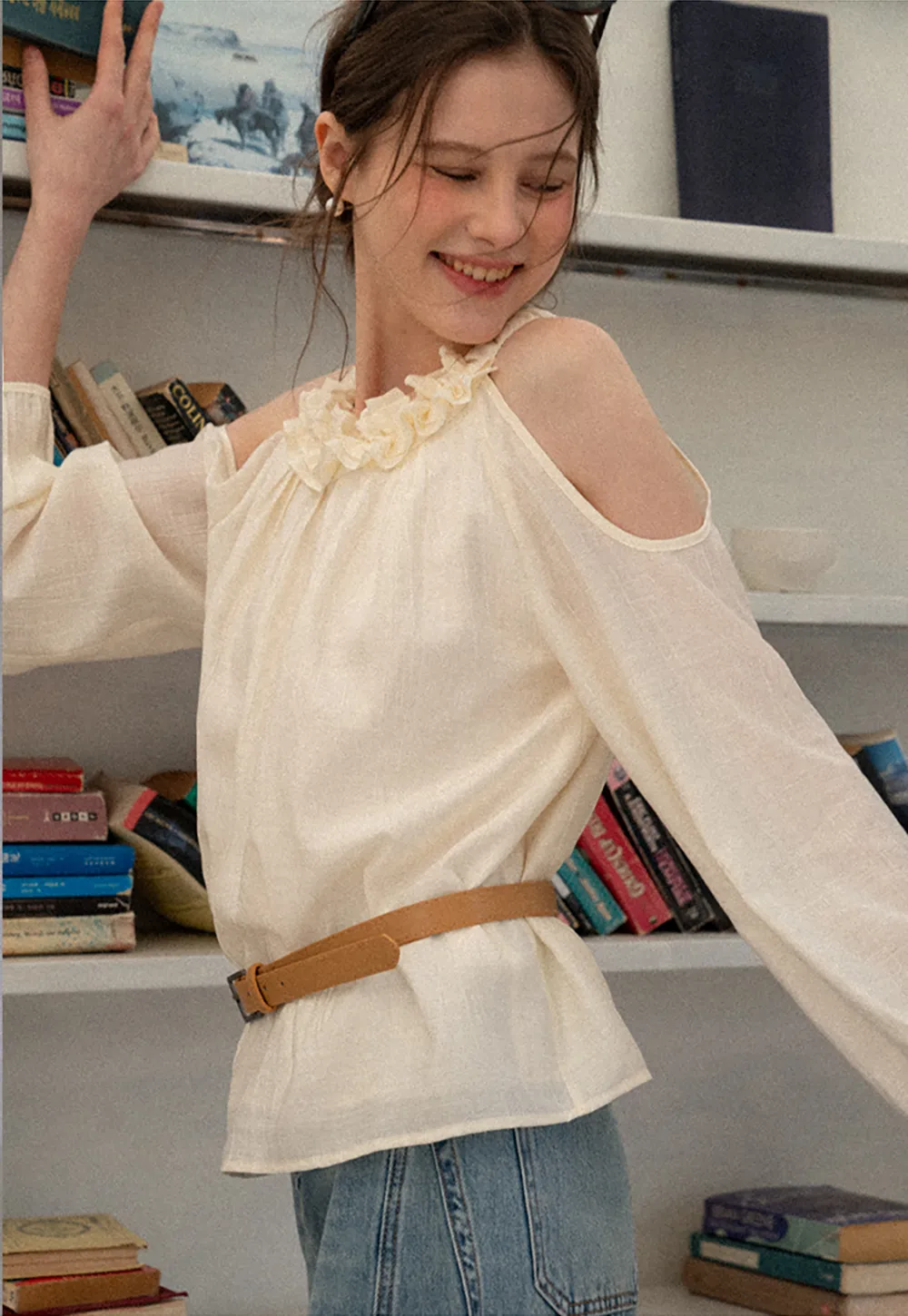 Lace Chiffon Blouse with Ruffled Neck and Cold Shoulder