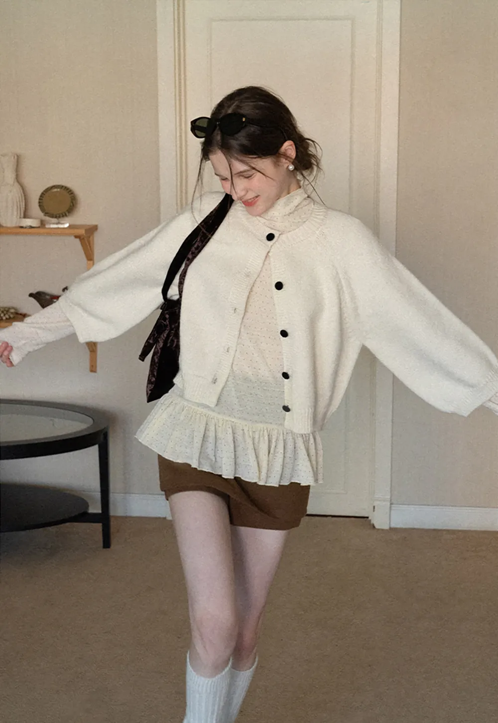 floral dot long sleeve top with ruffle hem