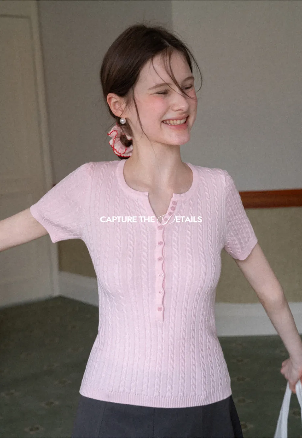 Cable Knit Short Sleeve V Neck Sweater