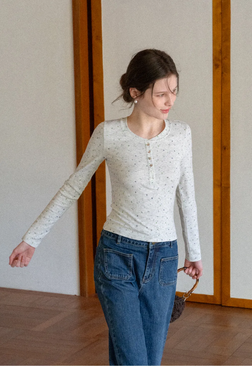 Long sleeve button front top with floral print