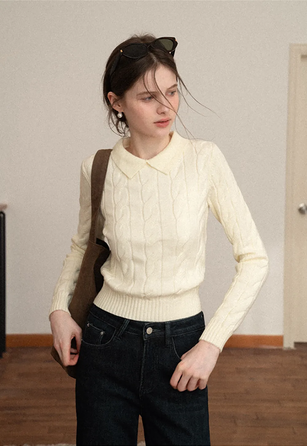 Cable Knit Crop Sweater with Collar