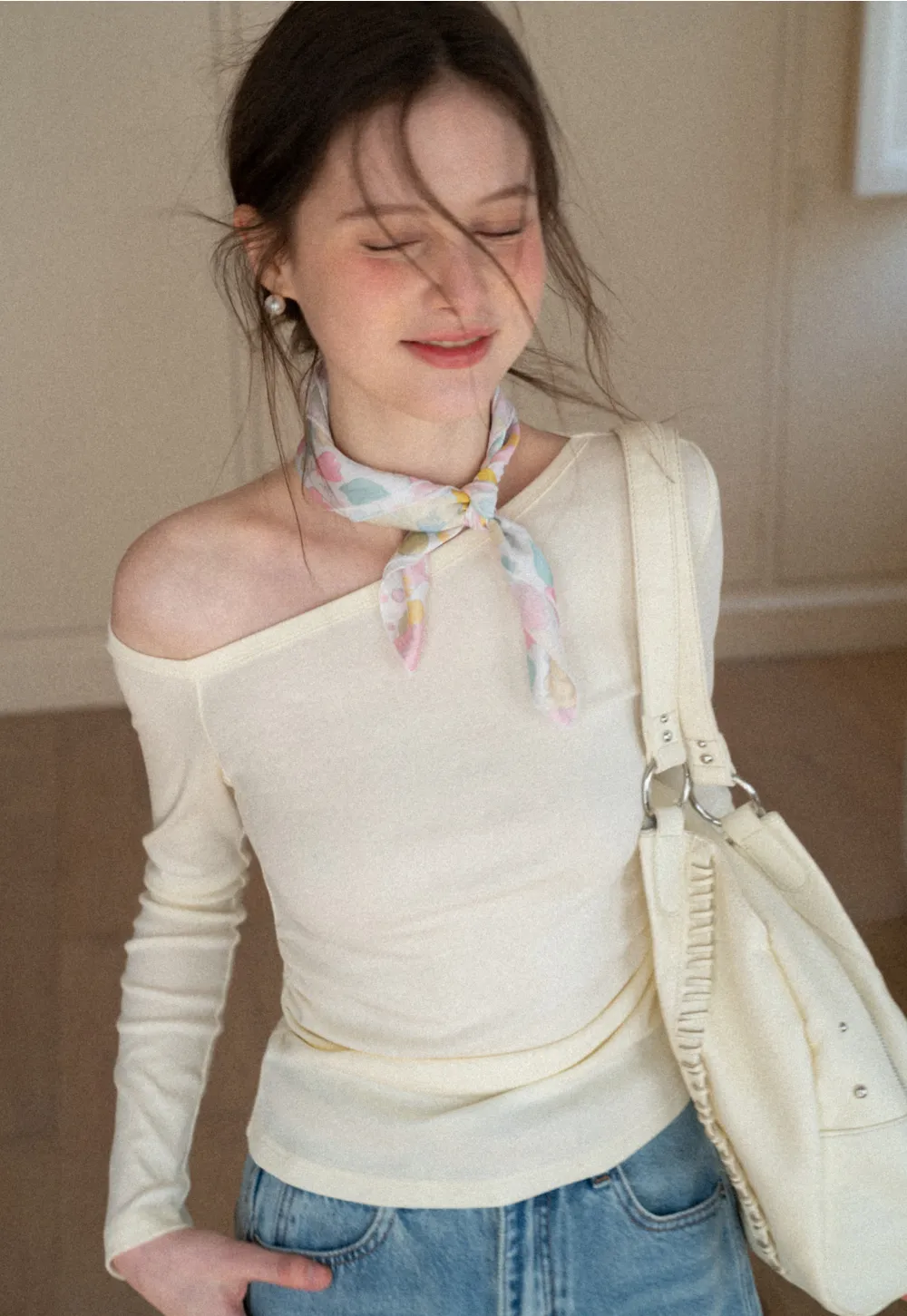 Asymmetrical long sleeve off shoulder top