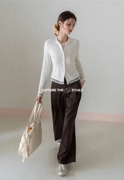 Long sleeve button front knit top with collar