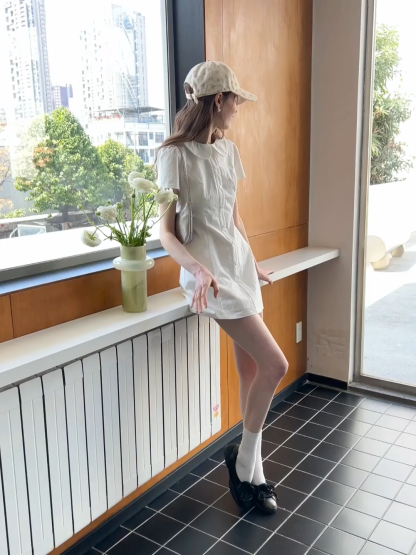 Button Front Dress with Peter Pan Collar and Short Sleeves