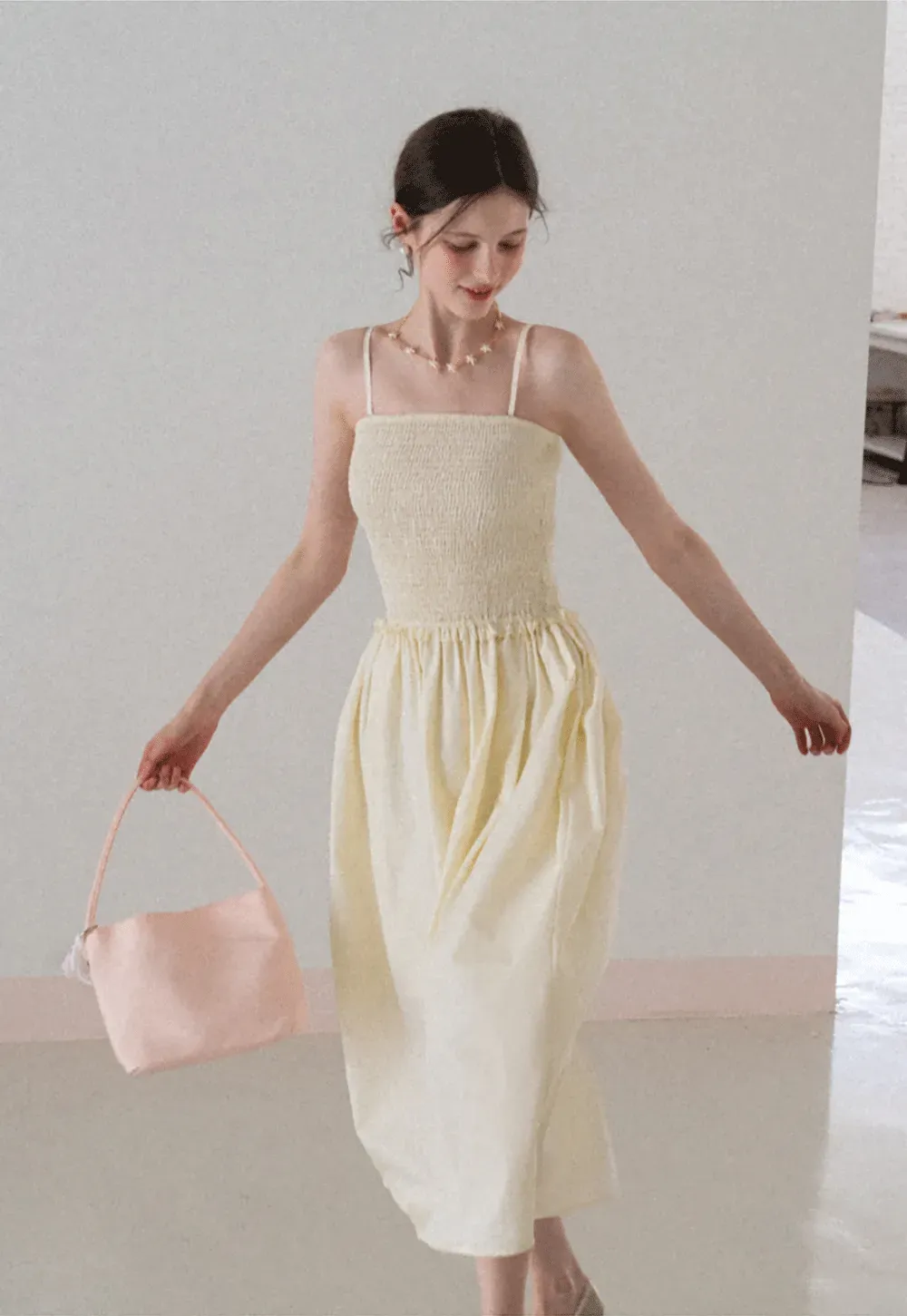 Strapless Smocked Bodice A Line Midi Dress