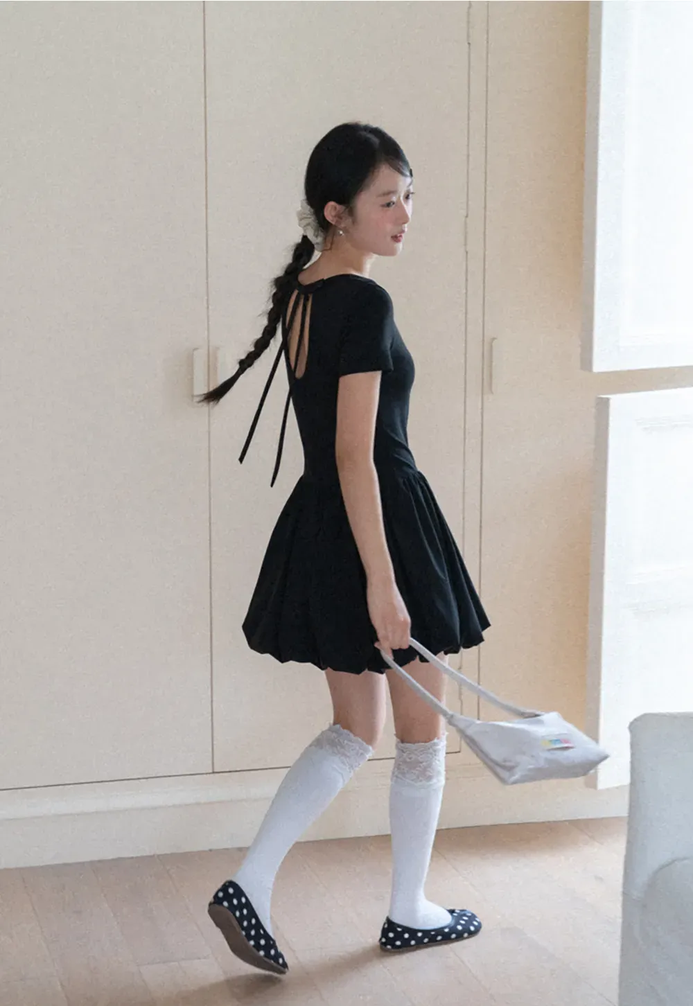 Short Sleeve Dress with Back Cutout and Bow Detail