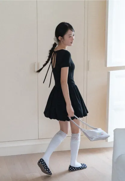 Short Sleeve Dress with Back Cutout and Bow Detail