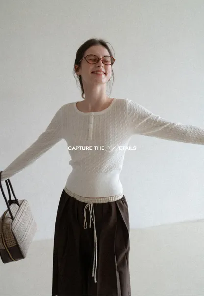 Cable Knit Long Sleeve Sweater with Button Detail