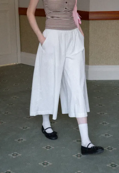 Wide Leg Cropped Casual Pants with Elastic Waist