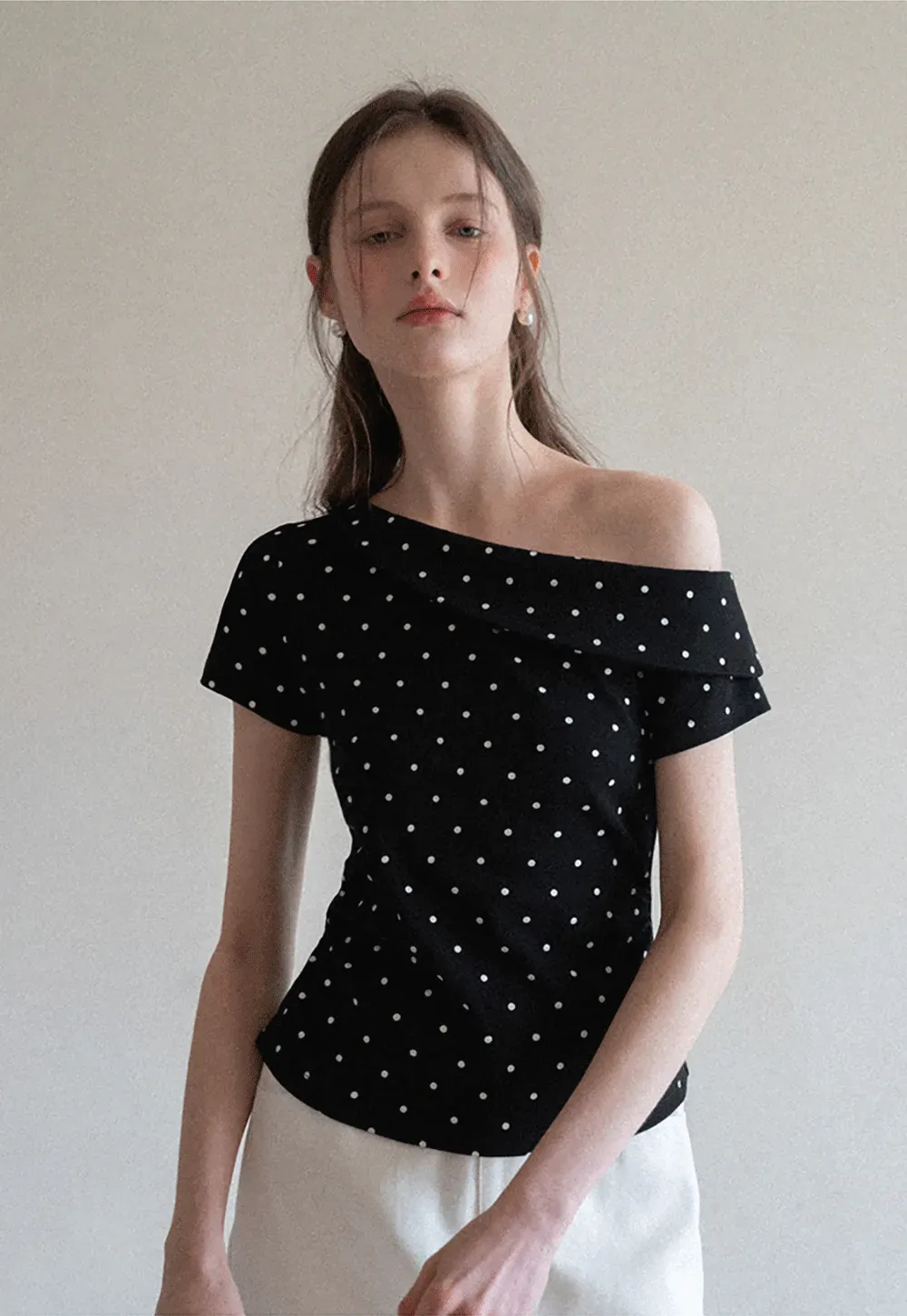 Polka dot off shoulder short sleeve tops