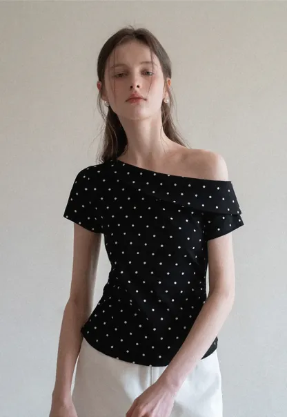 Polka dot off shoulder short sleeve tops