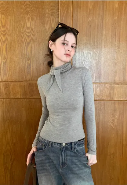 Tie Neck Long Sleeve T-Shirt Top