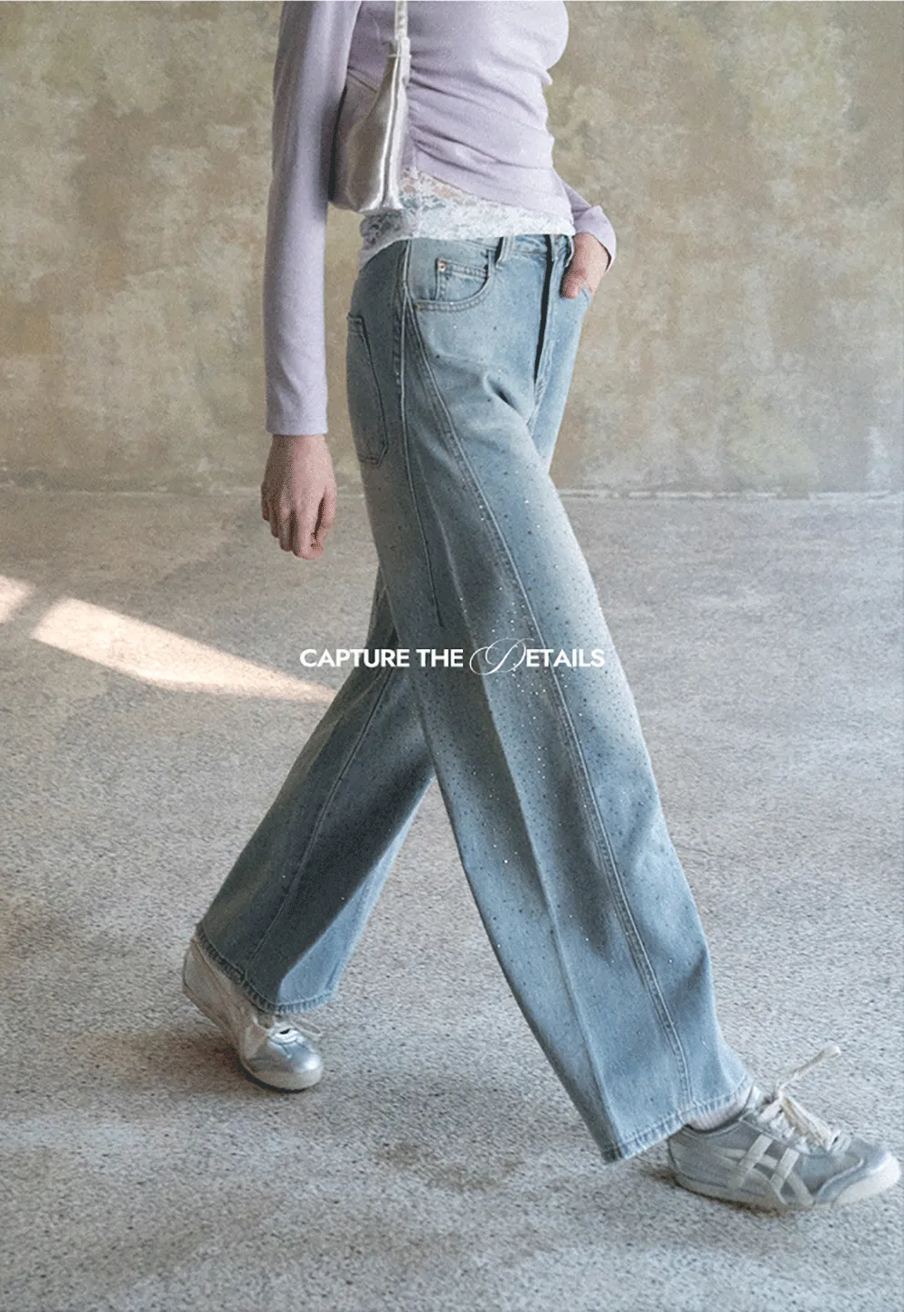 Wide leg jeans with subtle dot embellishments