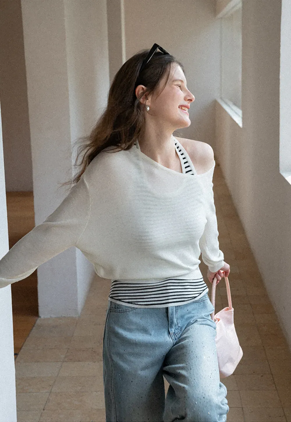 Off Shoulder Long Sleeve Knit Sweater with Striped Trim