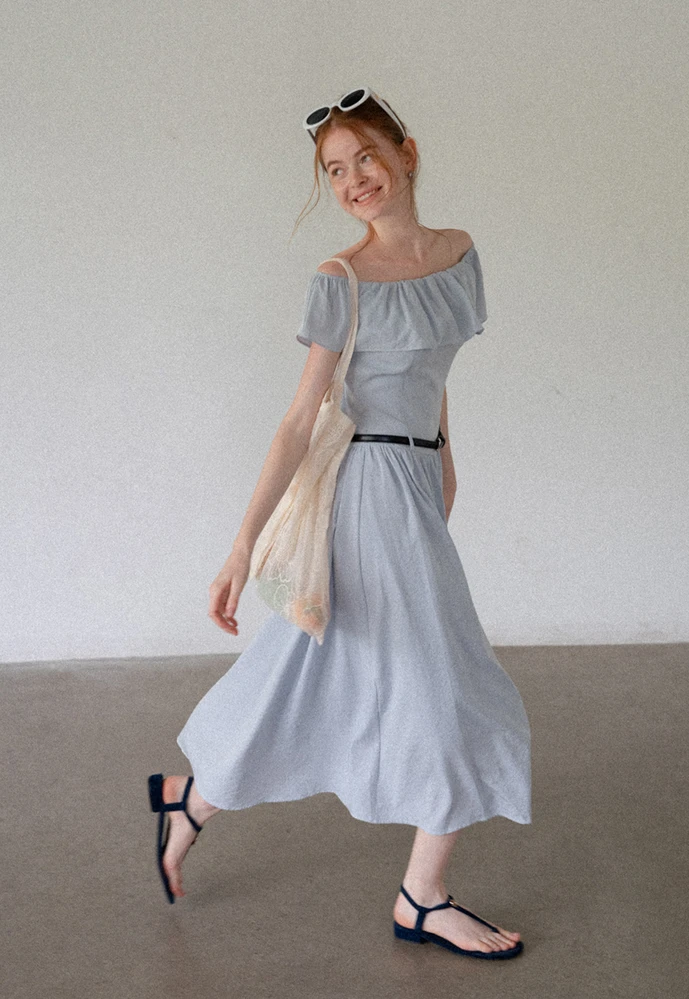 Women’s Off-Shoulder Ruffle Belted Midi Dress