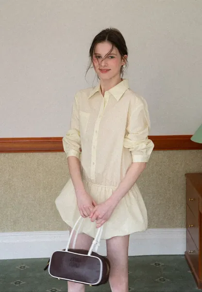 Button Front Shirt Dress with Pleated Pocket and Elastic Waist