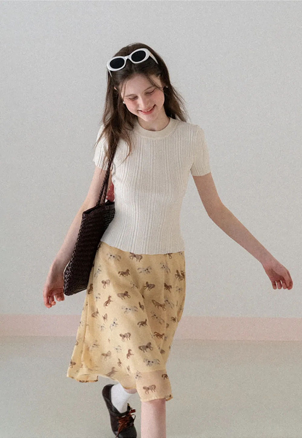 Ribbed Knit Short Sleeve Crew Neck Sweater