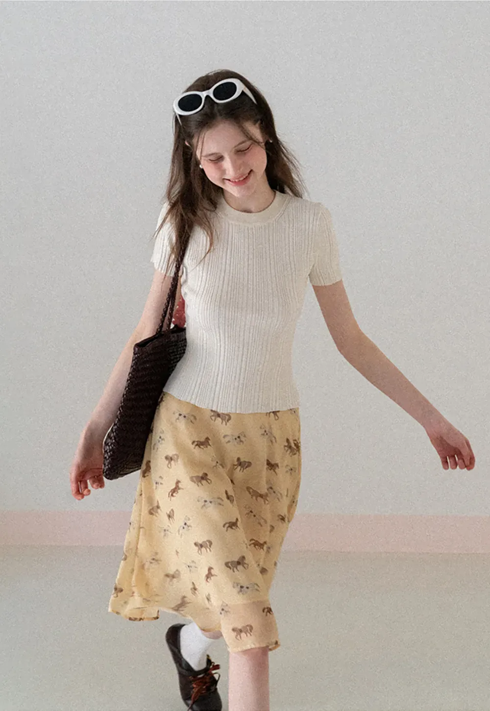 Ribbed Knit Short Sleeve Crew Neck Sweater