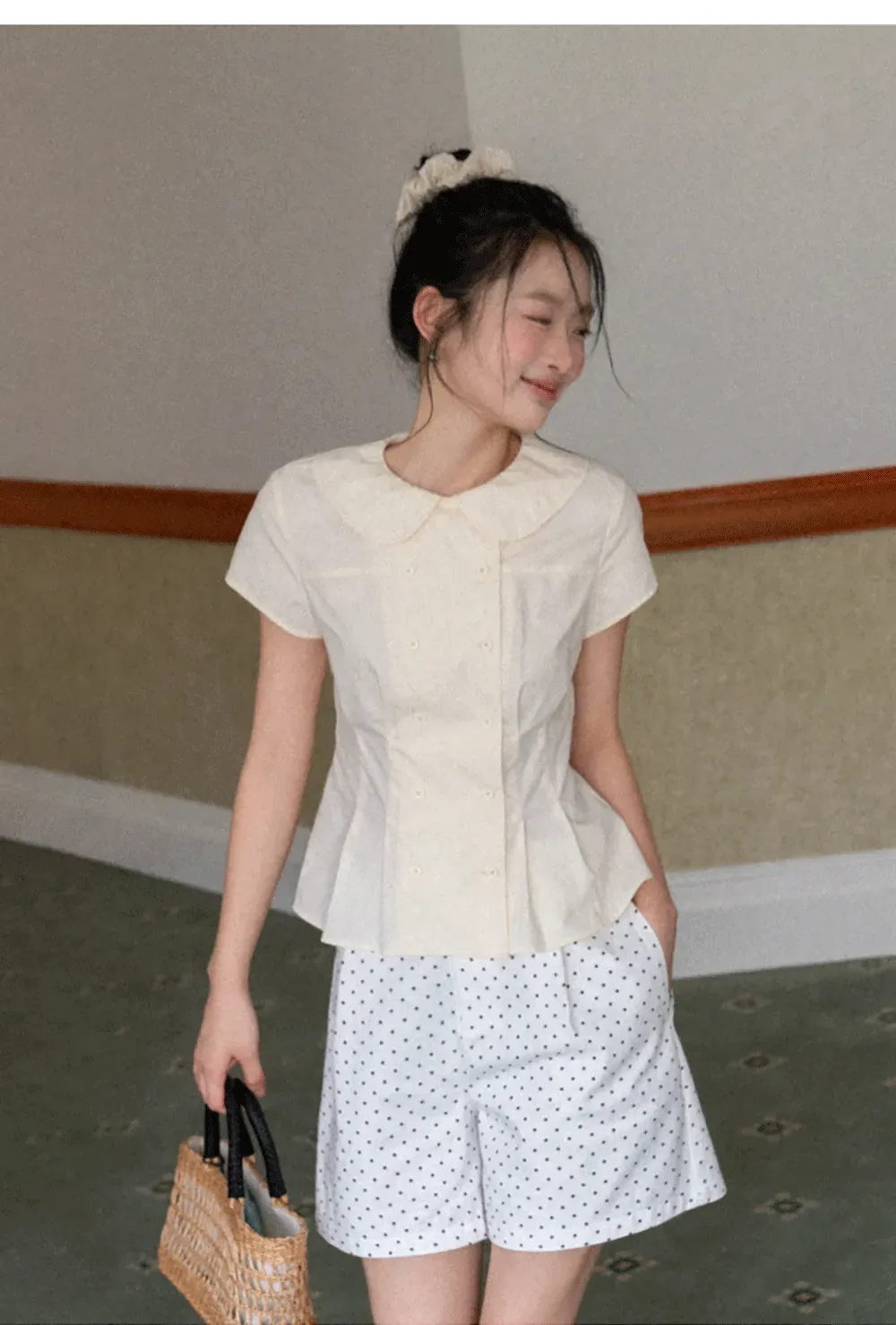 Short Sleeve Shirt with Peter Pan Collar and Peplum Hem