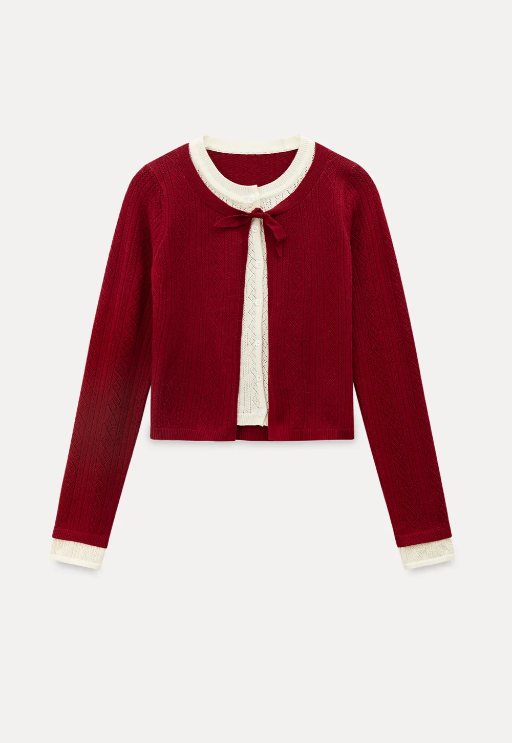 Elegant Knit Cardigan with Bow Detail and Ribbed Texture