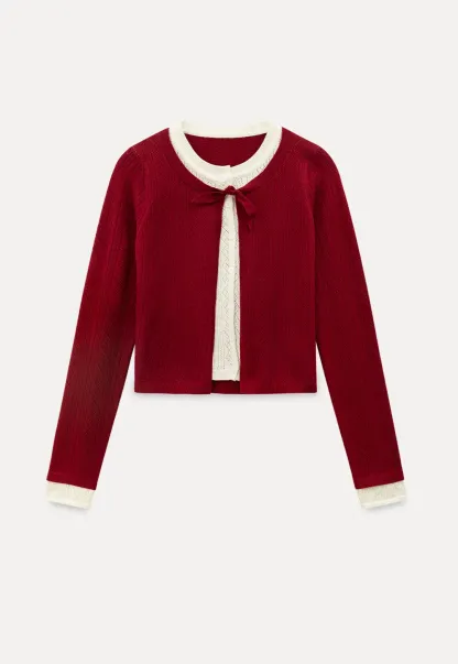 Elegant Knit Cardigan with Bow Detail and Ribbed Texture