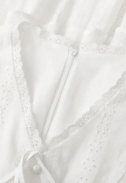 Eyelet Lace Dress with Puffed Sleeves and Tiered Skirt